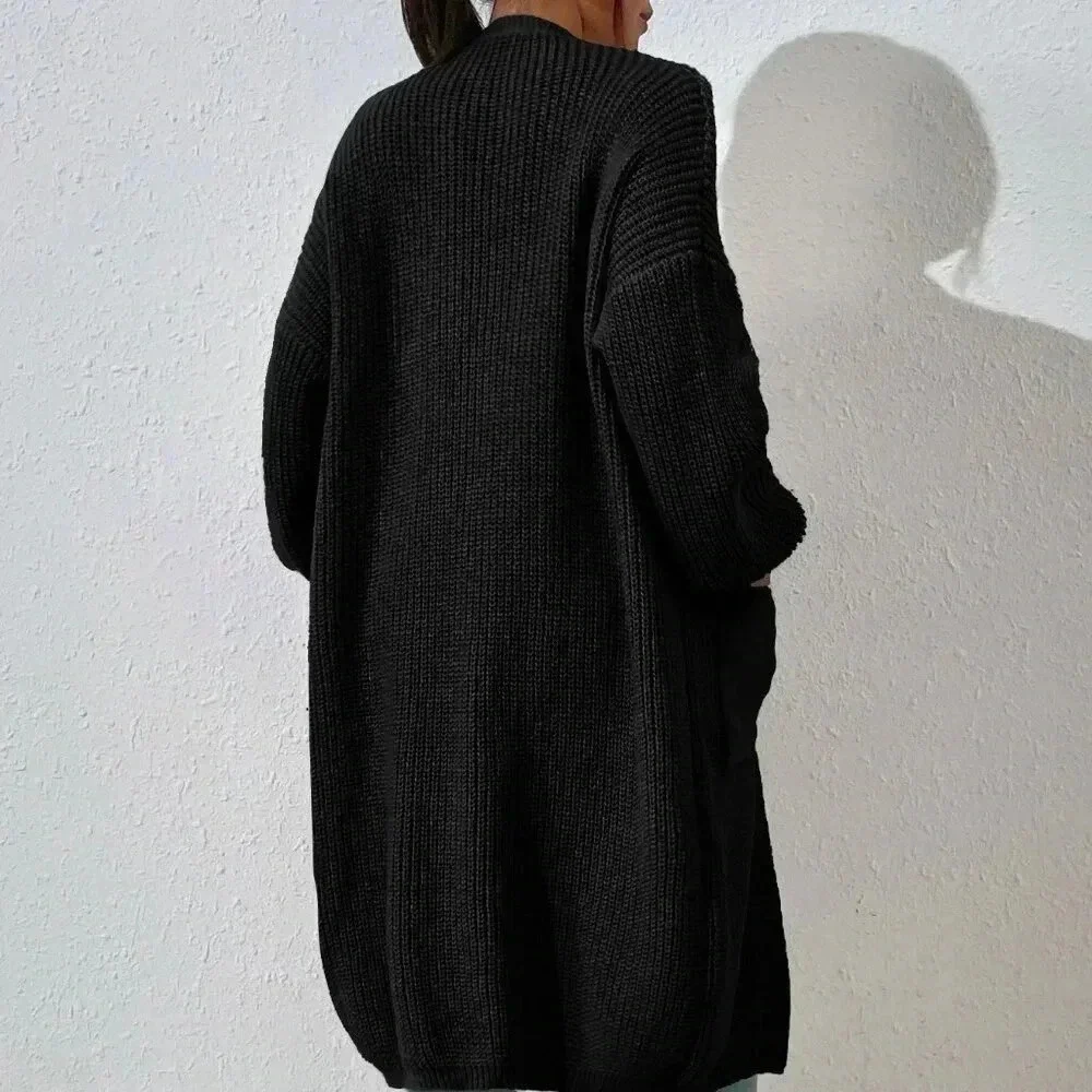 Black Casual Women's Dual Pocket Drop Shoulder Cardigan